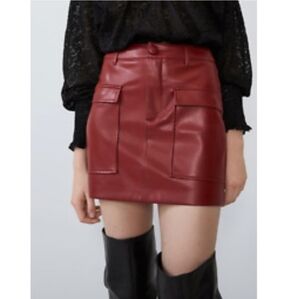 Zara Red Faux Leather Skirt Cargo Pockets Sexy Edgy Trendy Streetwear Size M
